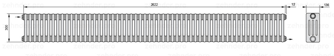 Схема (чертеж) Радиатор Zehnder Charleston 4030/57 №1670 Белый глянцевый RAL 9016